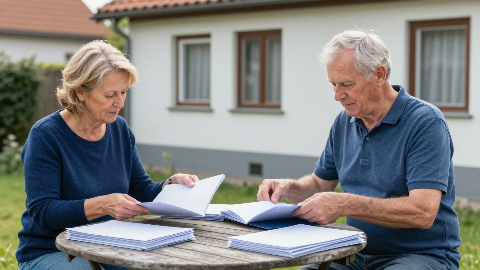 Eine Frau und ein Mann Ende sechzig sitzen auf einer Gartenbank und sortieren Ordner auf einem Holztisch