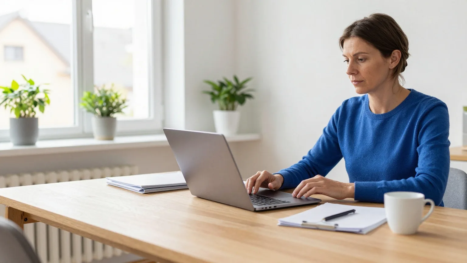 Eine Frau in den Vierzigern arbeitet in einem hellen Arbeitszimmer am Holzschreibtisch, daneben ein zugeklappter Laptop und Ordner