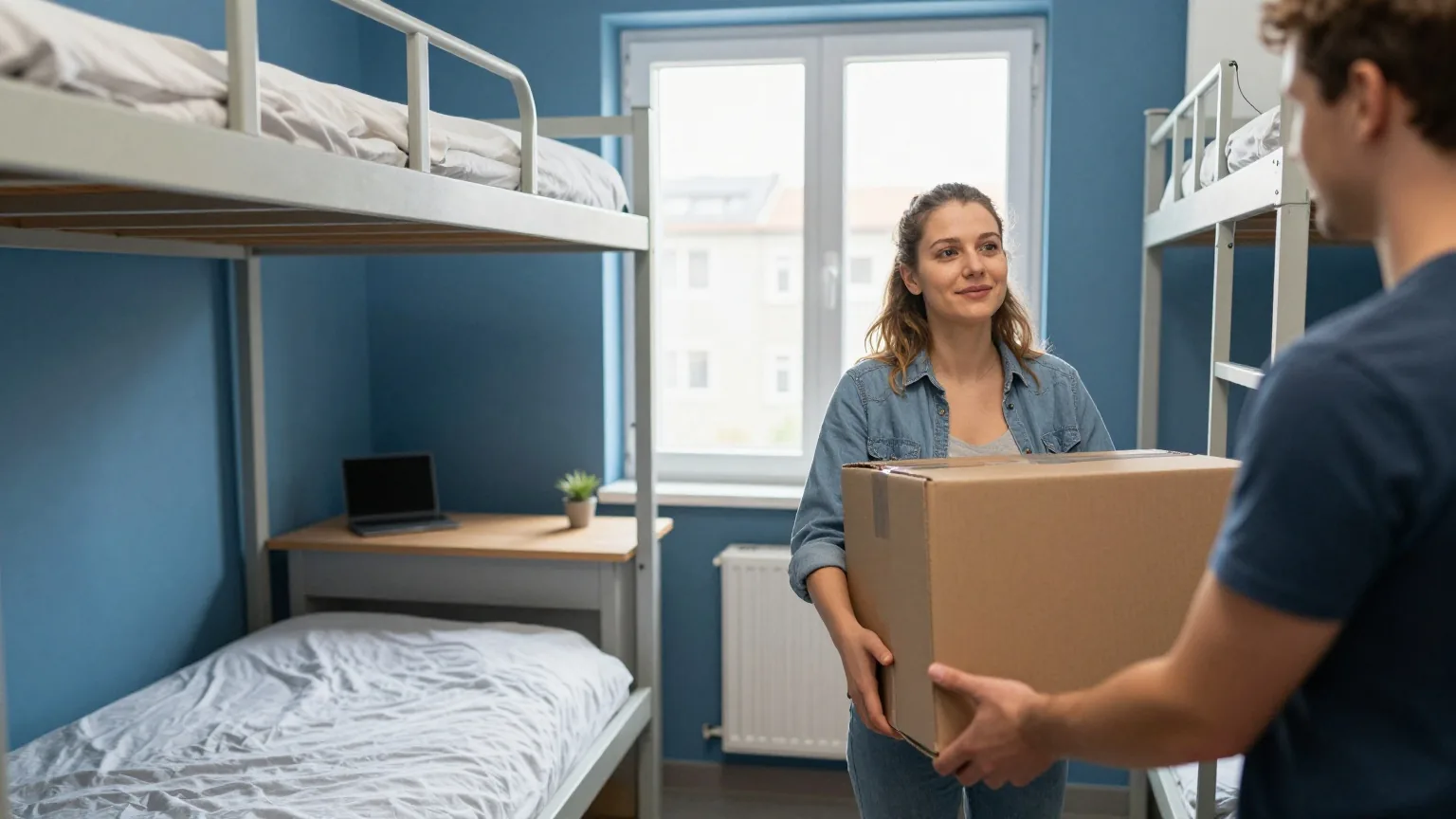 Eine junge Frau von etwa zwanzig Jahren trägt einen Umzugskarton in ein kleines möbliertes Studentenzimmer
