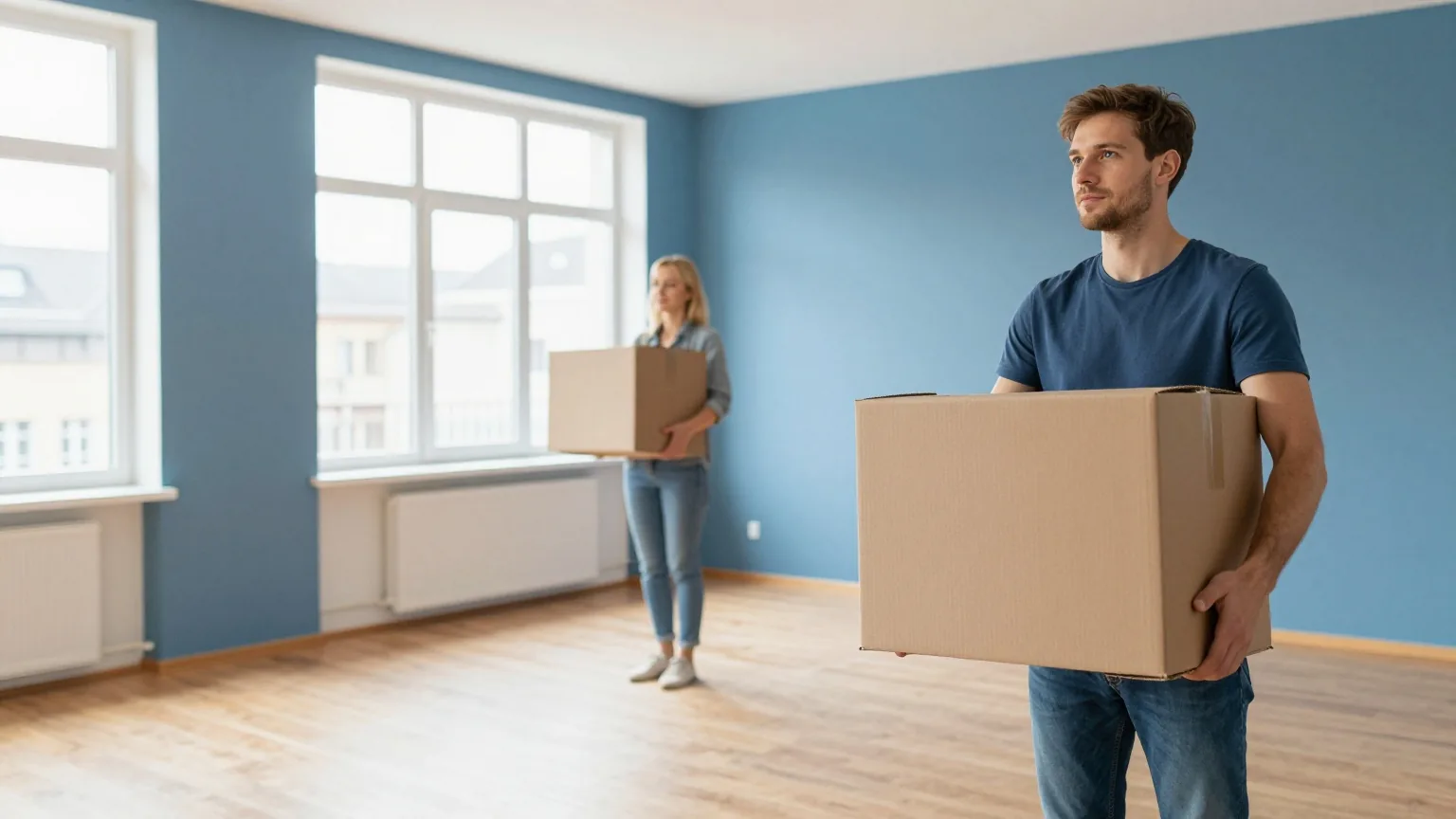 Ein junges Paar trägt Umzugskartons in eine helle, leere Wohnung mit Holzboden und hohen Fenstern