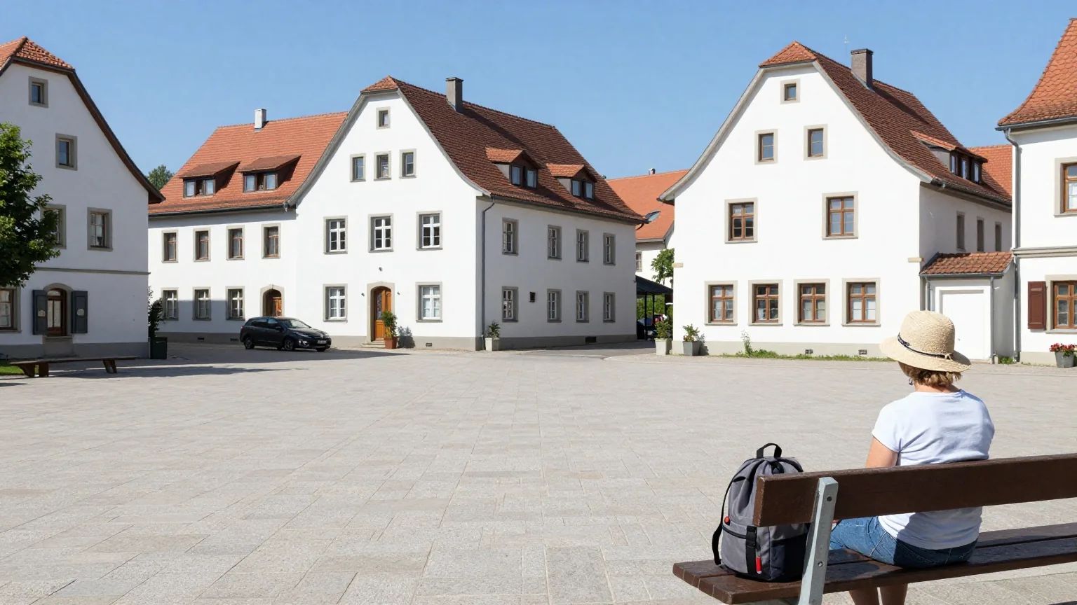 Eine Frau um die vierzig sitzt mit Rucksack und Sonnenhut auf einer Bank an einem sonnigen Dorfplatz in Südeuropa