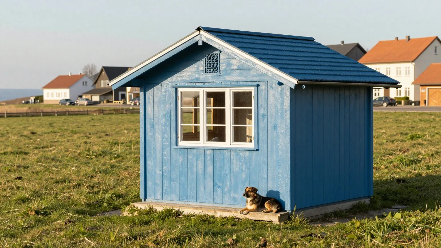 Ein kleines Ferienhaus aus Holz am Rand einer Wiese nahe der Küste, auf der Veranda liegt ein mittelgroßer Hund