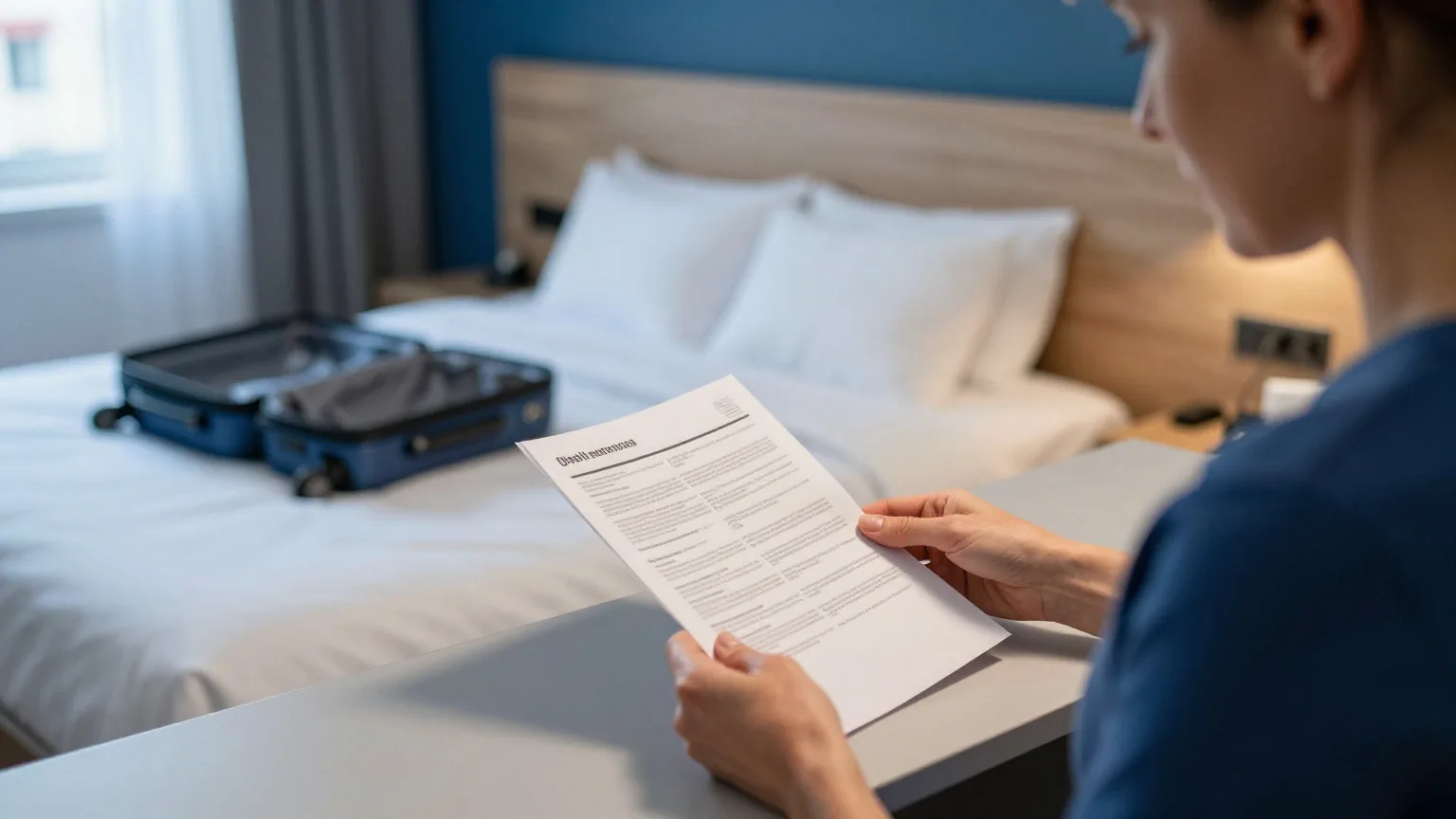 Eine Frau in den Vierzigern liest am Hotelschreibtisch gefaltete Unterlagen, hinter ihr liegt ein offener Koffer auf dem Bett