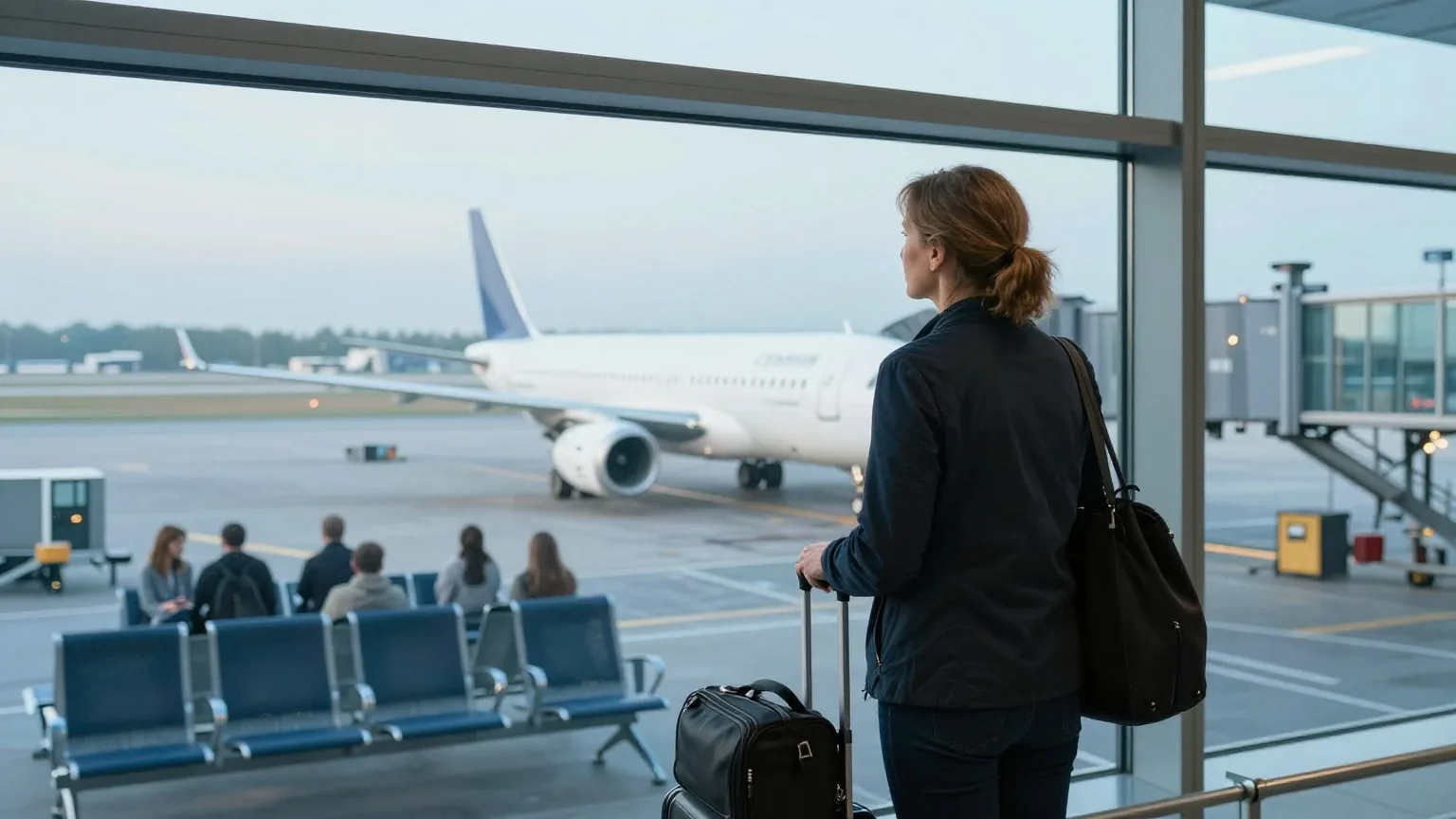 Eine Frau in den Vierzigern steht mit Handgepäck am Flughafengate und schaut durch ein großes Fenster auf ein Flugzeug