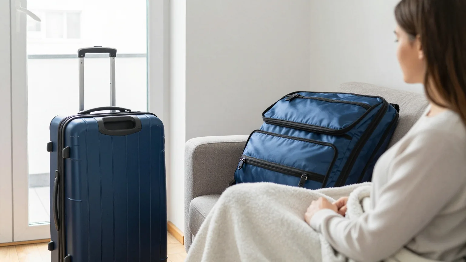 Eine Frau in den Dreißigern sitzt mit einer Decke auf dem Sofa, an der Tür steht ein gepackter Koffer