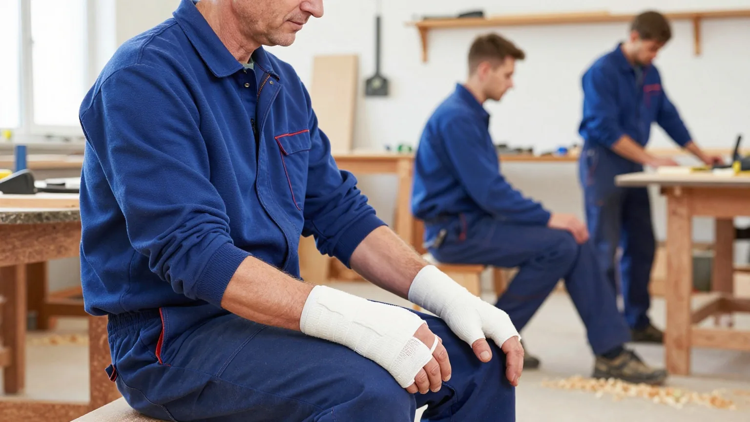 Ein Schreiner Ende vierzig sitzt in einer hellen Werkstatt auf der Hobelbank und stützt die verbundene rechte Hand aufs Knie