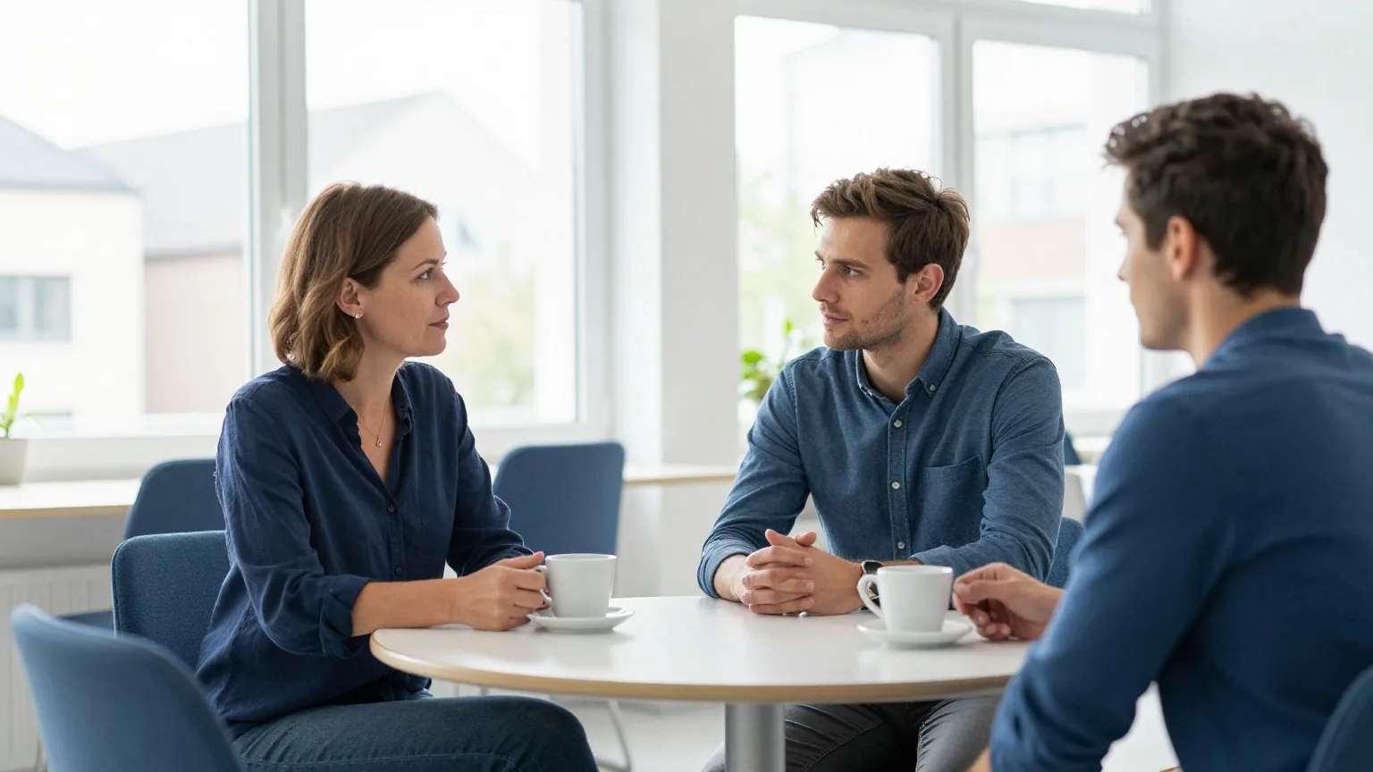 Eine Frau in den Fünfzigern und ein junger Mann sprechen in einem hellen Pausenraum an einem runden Tisch