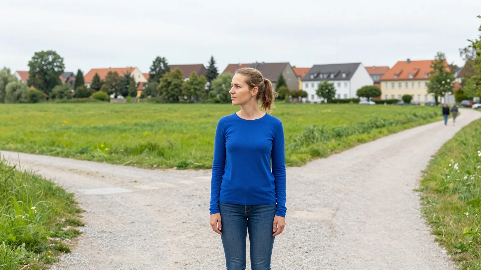 Eine Frau Anfang dreißig steht auf einer Wiese an der Gabelung zweier Kieswege und blickt in beide Richtungen