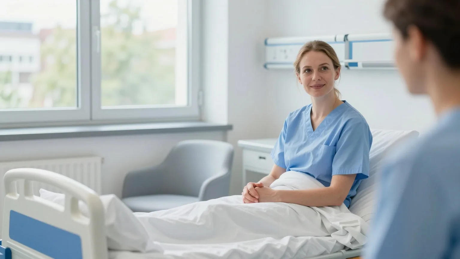 Ein helles Einzelzimmer in einem modernen Krankenhaus mit gemachtem Bett, Besuchersessel und Blick auf Bäume