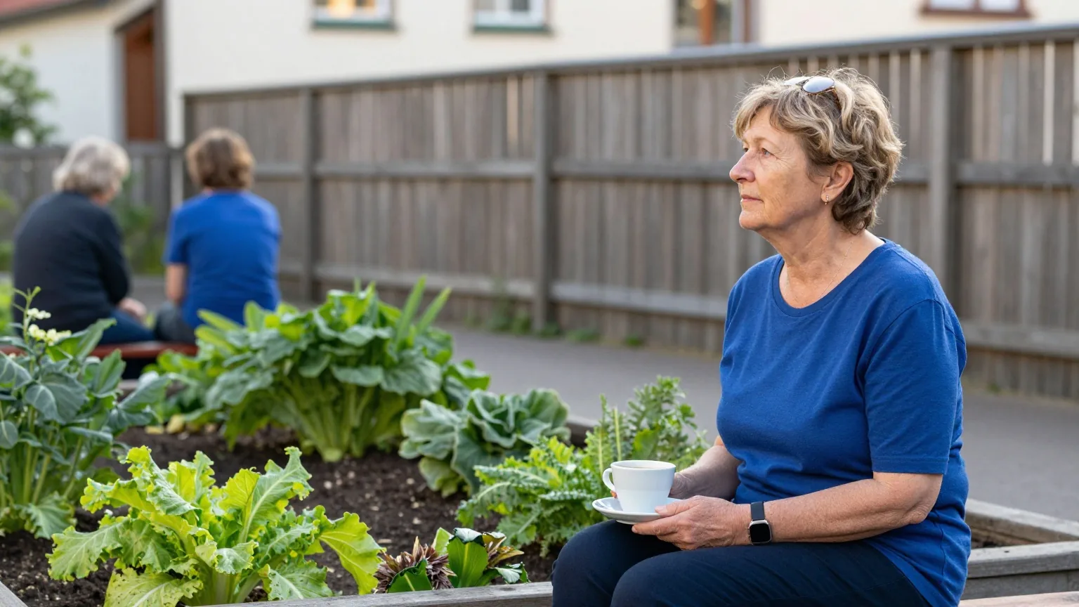 Eine Frau in den Sechzigern sitzt mit einer Tasse Kaffee auf einer Gartenbank vor einem Gemüsebeet