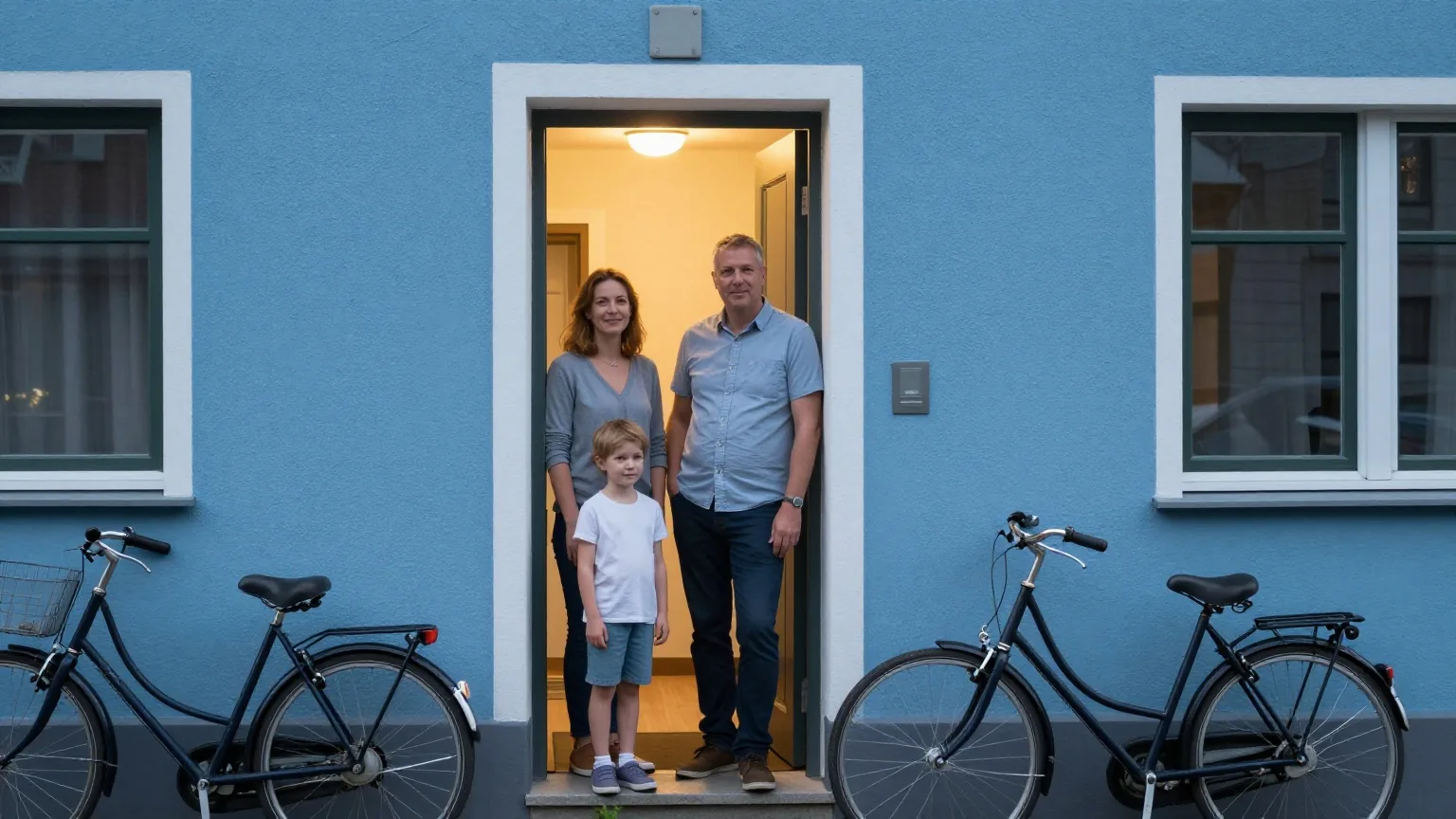 Zwei Erwachsene stehen in der Abenddämmerung in der Haustür eines Reihenhauses, im Flur brennt warmes Licht