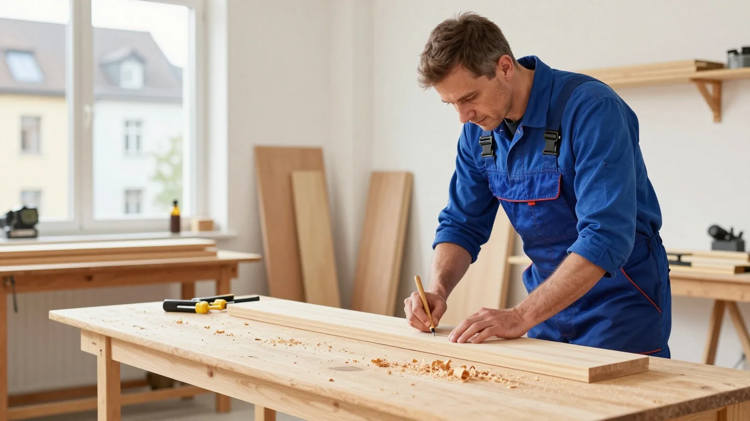 Ein selbstständiger Schreiner in den Vierzigern hobelt in einer hellen Werkstatt ein Holzbrett