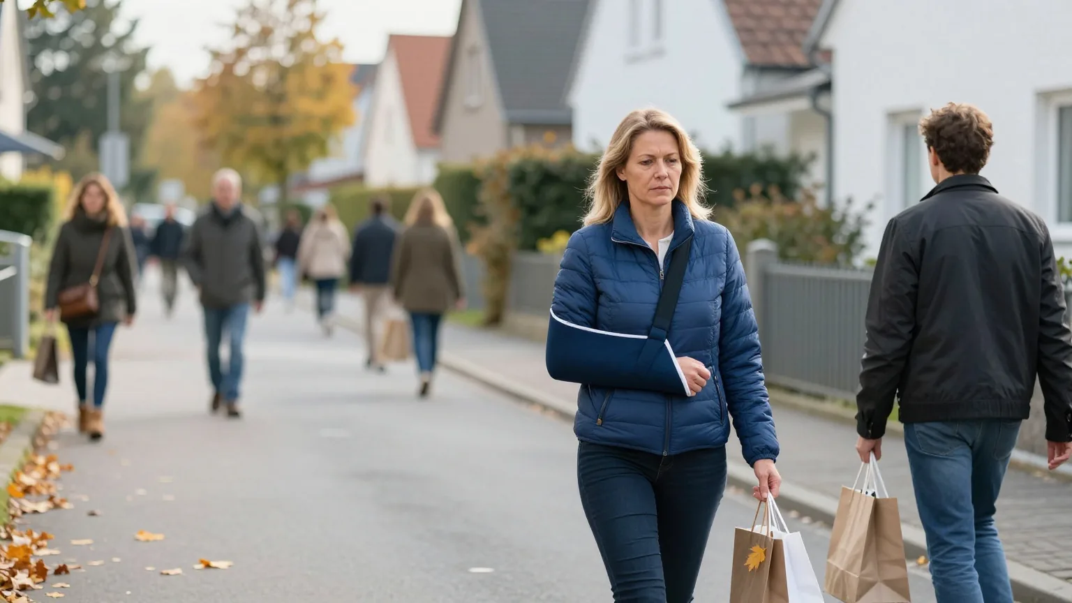 Eine Frau in den Vierzigern mit dem rechten Arm in einer Schlinge geht eine sonnige Wohnstraße mit Herbstlaub entlang